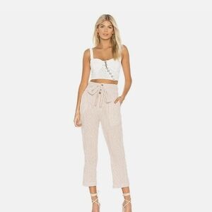 🌸 50% Free People Striped High-Rise Button-Front Cropped Pants — Beige & White